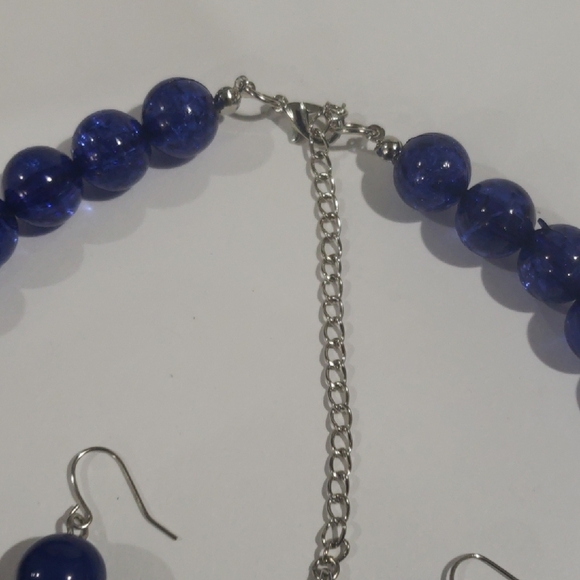 Blue Chunky Beaded Statement Necklace & Earrings Set – Silver Women Jewelry, 18" - Picture 9 of 9